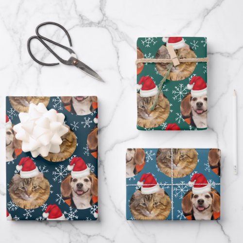 2 Pet Photo Santa Hat on Heads Blue Teal Wrapping  Wrapping Paper Sheets