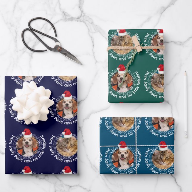 2 Pet Photo Santy Paws Little Helpers Santa Hat Wrapping Paper Sheets (Front)