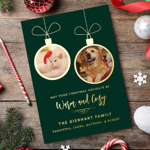 2 Pet Photos Modern Christmas Gold Foil Holiday Card