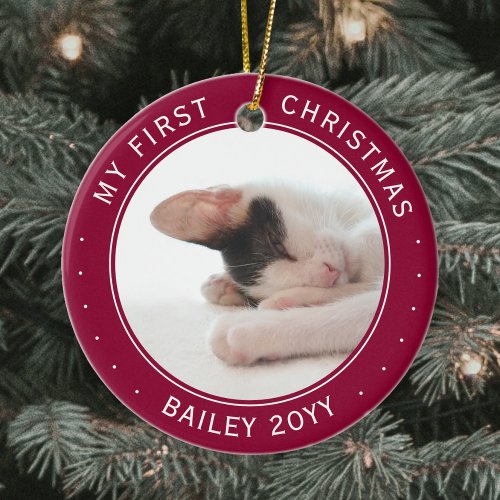 2 Pet Photos My 1st Christmas Cranberry Red White Ceramic Ornament