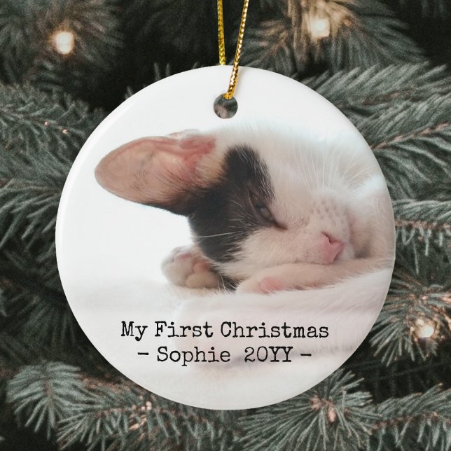 2 Pet Photos My 1st Christmas Simple Black & White Ceramic Ornament (Creator Uploaded)
