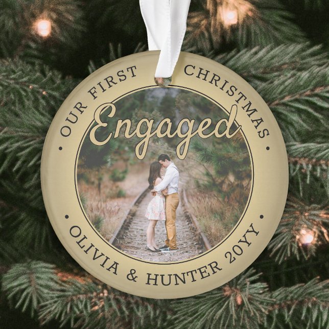 2 Photo 1st Christmas Engaged Elegant Faux Gold Ornament (Creator Uploaded)