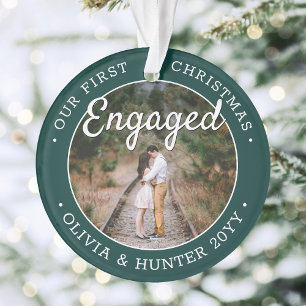 2 Photo 1st Christmas Engaged Elegant Green White Ornament