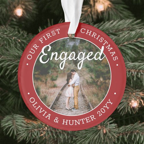 2 Photo 1st Christmas Engaged Elegant Red  White Ornament