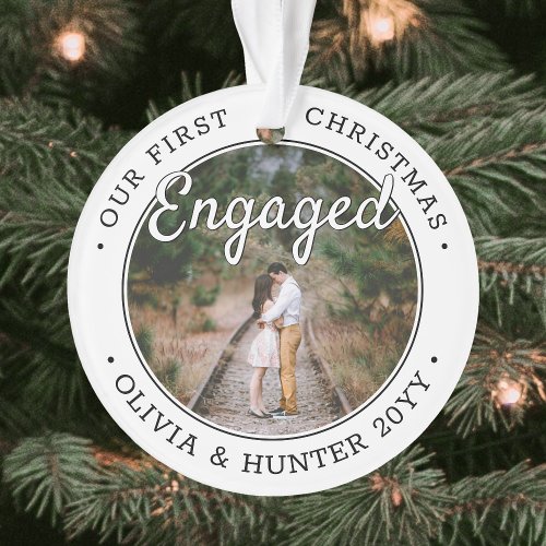 2 Photo 1st Christmas Engaged Modern Black  White Ornament