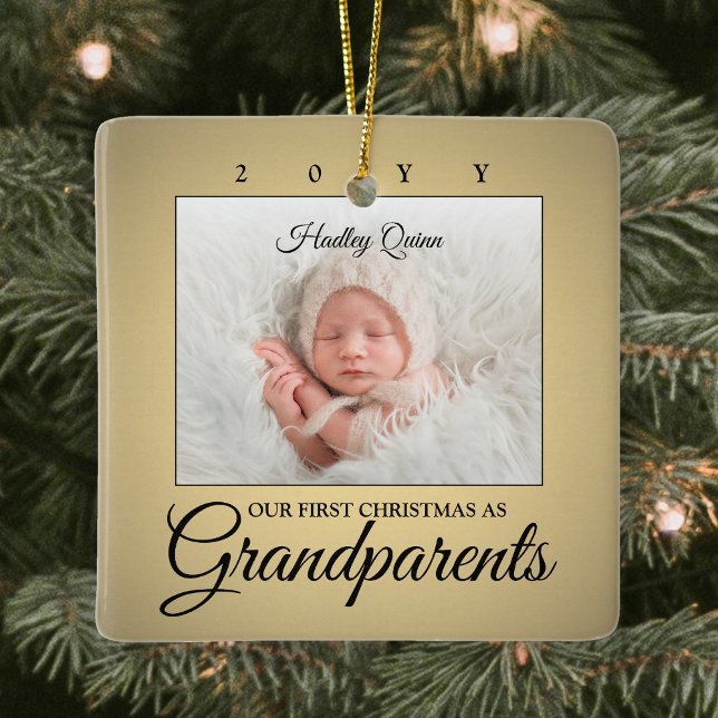 2 Photo 1st Christmas Grandparents Faux Gold Ceramic Ornament (Creator Uploaded)