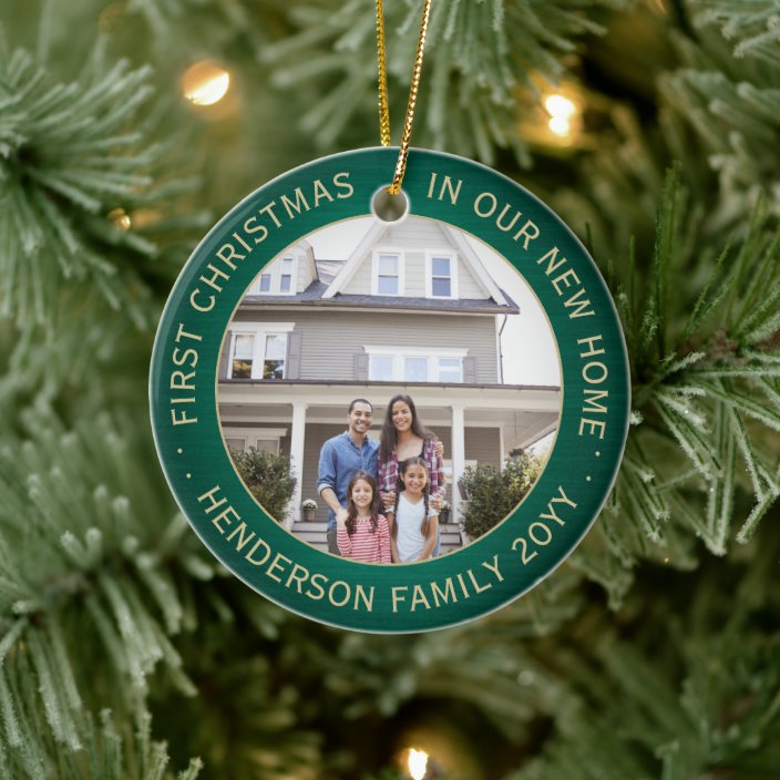 2 Photo 1st Christmas In Our New Home Green Gold Ceramic Ornament Zazzle Com