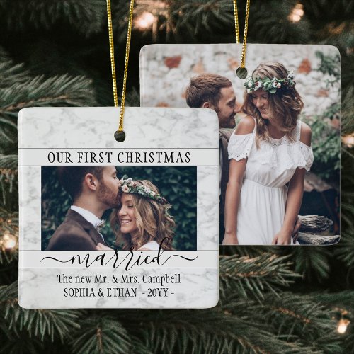 2 Photo 1st Christmas Married Elegant Faux Marble Ceramic Ornament