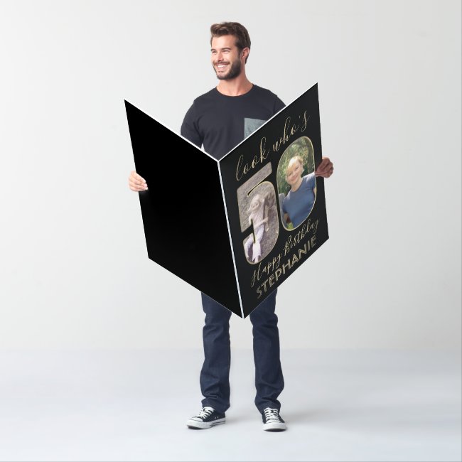2 Photo 50th Birthday Black Gold Extra Large Jumbo Card