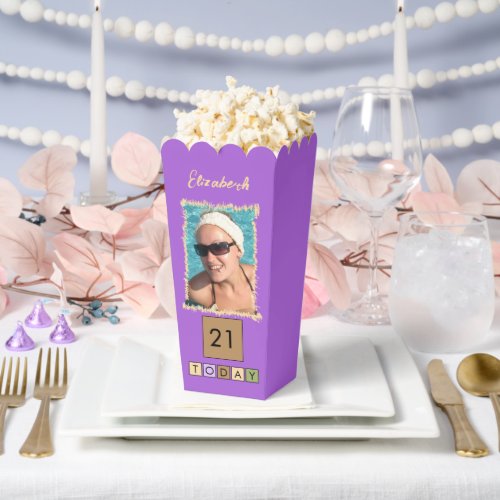 2 photo add name 21st any age purple popcorn favor boxes