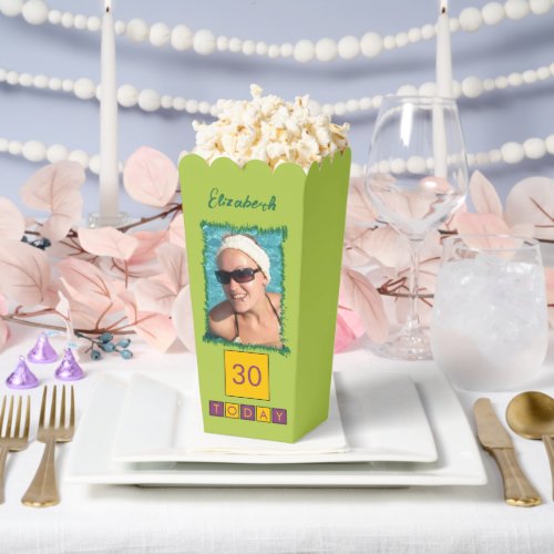 2 photo add name 30th any age green popcorn favor boxes