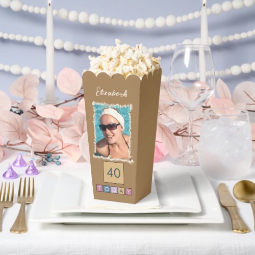 2 photo add name 40th any age brown popcorn favor boxes