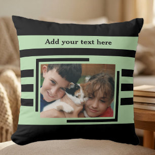 2 photo add text black green throw pillow