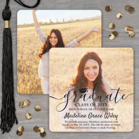 2 Photo And Black Script Overlay Square Graduation Announcement