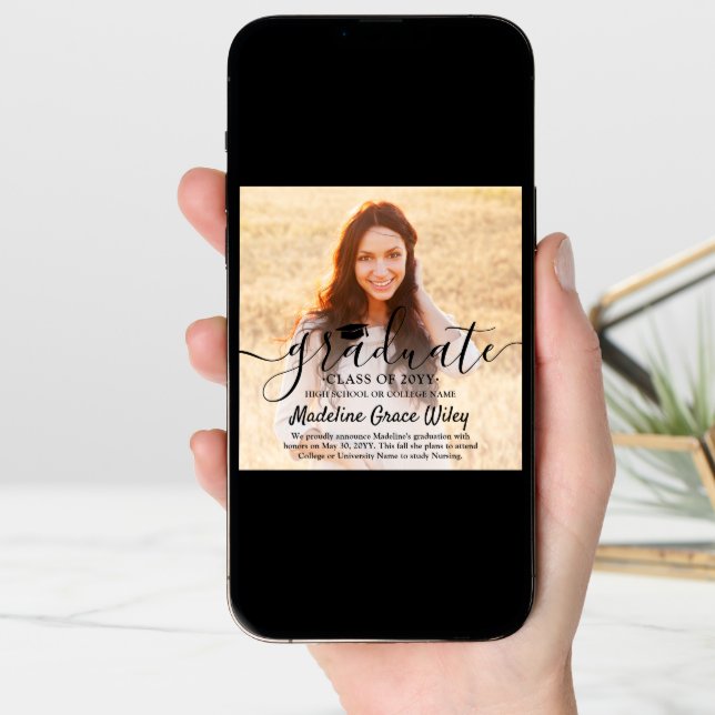 2 Photo and Black Script Overlay Square Graduation Announcement (Front Digital)