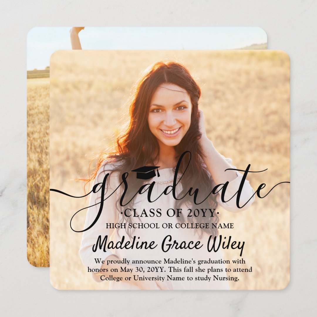 2 Photo and Black Script Overlay Square Graduation Announcement | Zazzle