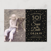 2 Photo Any Age Birthday Gold Black Save the Date Invitation Postcard (Front)