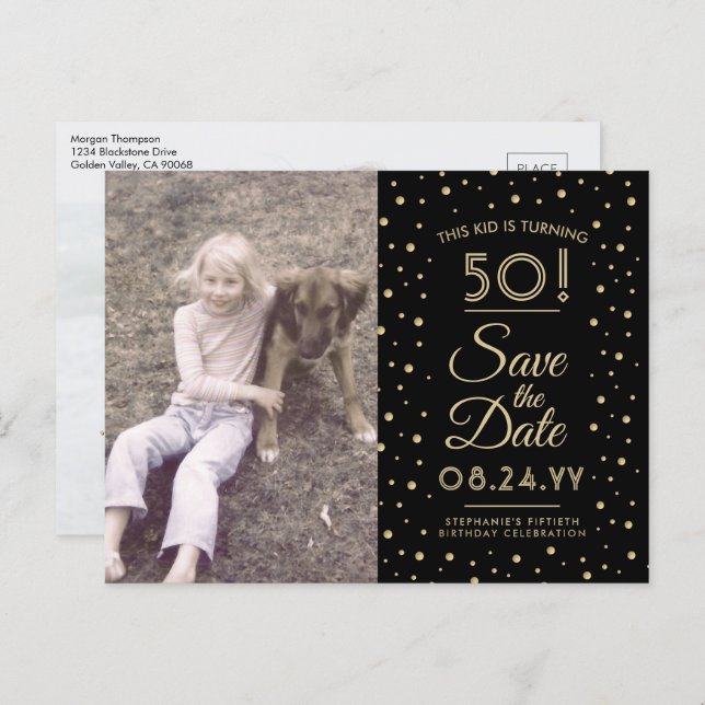 2 Photo Any Age Birthday Gold Black Save the Date Invitation Postcard (Front/Back)