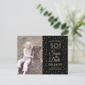 2 Photo Any Age Birthday Gold Black Save the Date Invitation Postcard (Standing Front)