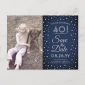 2 Photo Any Age Birthday Navy Silver Save the Date Invitation Postcard (Front)