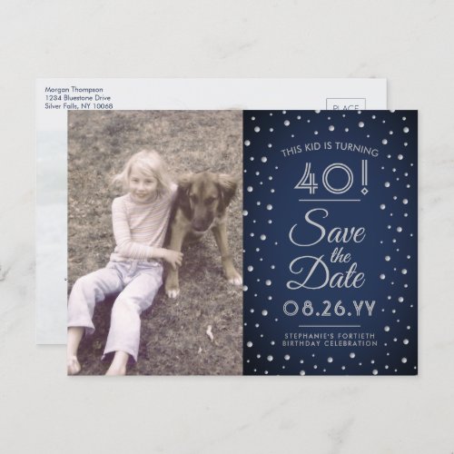 2 Photo Any Age Birthday Navy Silver Save the Date Invitation Postcard