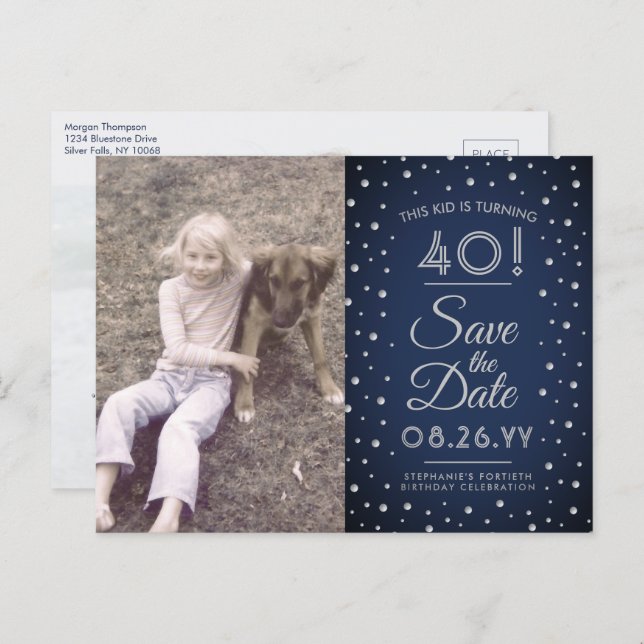 2 Photo Any Age Birthday Navy Silver Save the Date Invitation Postcard (Front/Back)