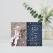 2 Photo Any Age Birthday Navy Silver Save the Date Invitation Postcard (Standing Front)