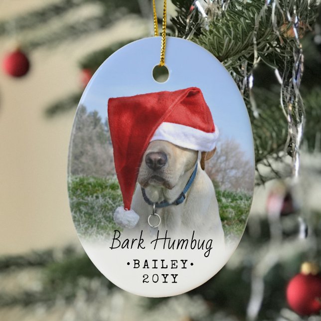 2 Photo Any Text Bark Humbug Happy Howlidays Dog Ceramic Ornament (Creator Uploaded)