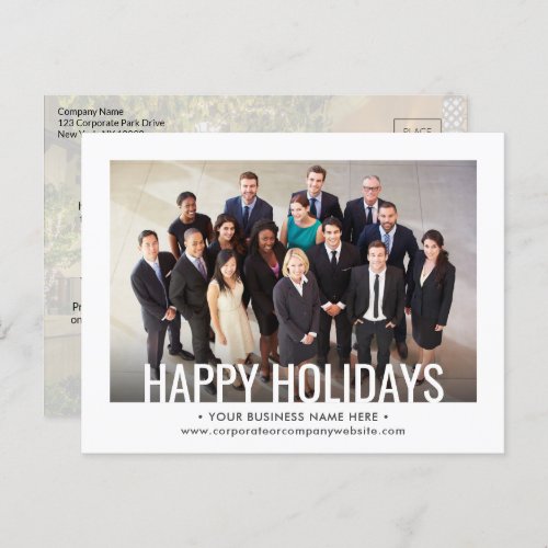 2 Photo Any Text Business Modern Corporate Holiday Announcement Postcard - Wish clients, customers and business associates a happy holiday season with this 2 photo postcard. Pictures and all text are simple to customize. (IMAGE PLACEMENT TIP:  An easy way to center a photo exactly how you want is to crop it before uploading to the Zazzle website.) Change greeting to Merry Christmas, Happy New Year, Seasons Greetings, or other text of your choice. Design features a white border, two pictures of your choice, and stylish modern minimalist typography. This template is set up with a corporate promotional card with coupon code, but can be personalized with any message. Address lines can also be deleted if needed. Some ideas for photos could be your business logo, images from a company event, photos of coworkers, the company building, or product pictures. Happy Holidays!