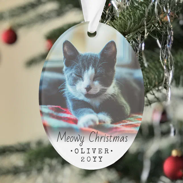 2 Photo Any Text Meowy Christmas Cat Black White Ornament | Zazzle