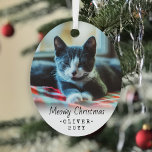 2 Photo Any Text Meowy Christmas Cat Simple Script Metal Ornament<br><div class="desc">Celebrate the simple joys of your furry family member with a custom 2 photo oval metal ornament. Text and kitten pictures on this template are simple to personalize and can be different or the same on front and back. If preferred, change "Meowy Christmas" to any message you choose. Ornament can...</div>