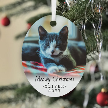 2 Photo Any Text Meowy Christmas Cat Simple Script Metal Ornament by Memorable_Modern at Zazzle