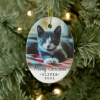 2 Photo Any Text Meowy Christmas Cat Simple White Ceramic Ornament