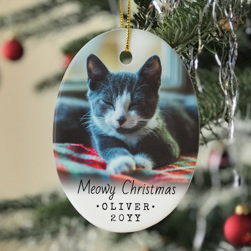2 Photo Any Text Meowy Christmas Cat Simple White Ceramic Ornament