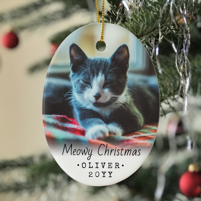 2 Photo Any Text Meowy Christmas Cat Simple White Ceramic Ornament (Creator Uploaded)