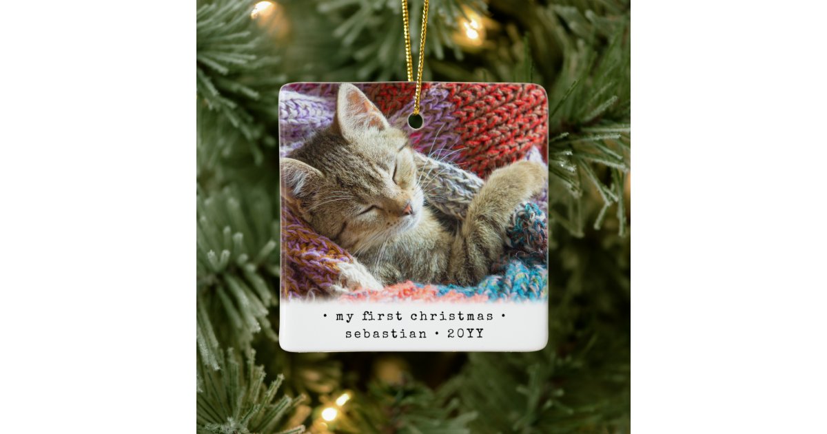 2 Photo Any Text My First Christmas Pet Cat Kitten Ceramic Ornament Zazzle Com