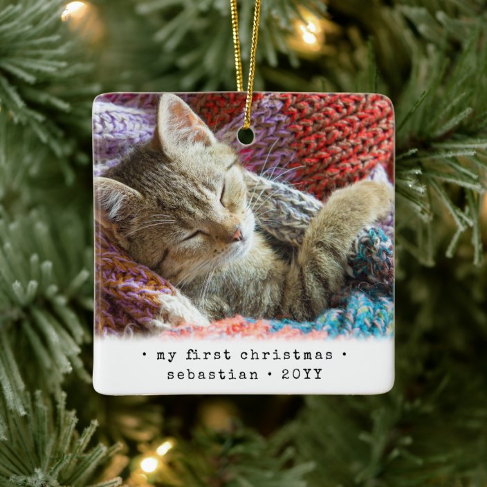 2 Photo Any Text My First Christmas Pet Cat Kitten Ceramic Ornament Zazzle Com