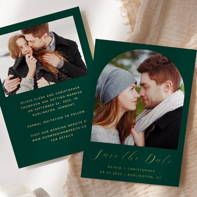 2-Photo Arch Emerald Green Gold Save the Date Foil Invitation (Creator Uploaded)