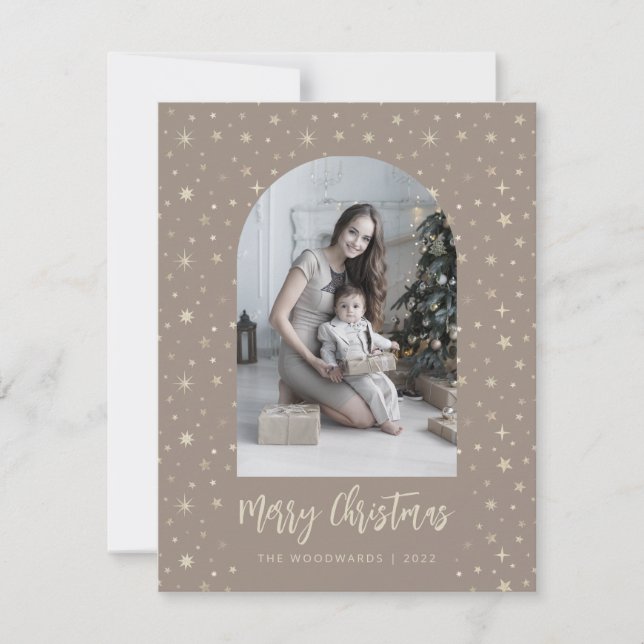 2-Photo Arch Stars Merry Christmas Brown Gold Holiday Card (Front)