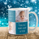 2 Photo Baby First Hanukkah New Mom and Dad Custom Coffee Mug<br><div class="desc">“First Hanukkah.” A playful grid of 2 personalized photos of your choice and white handwritten script typography and snowflakes overlaying a teal blue background, helps the proud parents usher in Hanukkah and New Year. Feel the warmth and joy of the holiday season whenever they use this stylish and modern personalized...</div>
