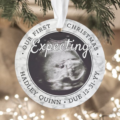 2 Photo Baby Ultrasound New Parents Faux Marble Ornament