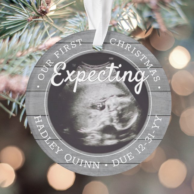 2 Photo Baby Ultrasound New Parents Gray Faux Wood Ornament (Creator Uploaded)