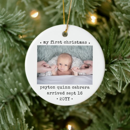 2 Photo Babys 1st Christmas Modern Minimal Round Ceramic Ornament