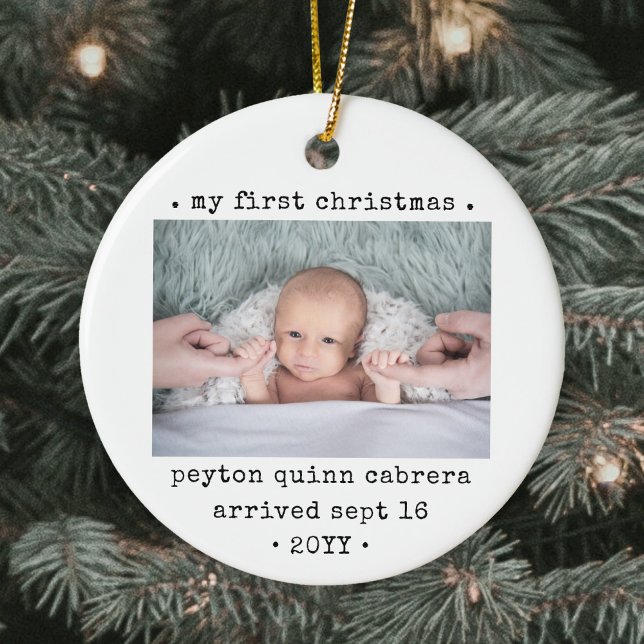 2 Photo Baby's 1st Christmas Modern Minimal Round Ceramic Ornament (Creator Uploaded)
