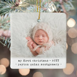 2 Photo Baby's 1st Christmas Modern Minimal Square Ceramic Ornament<br><div class="desc">Celebrate the simple joys of your newest family member with a stylish two photo square ceramic ornament. Gender neutral design is suitable for a new baby boy or girl. Wording and pictures on this template are simple to personalize, and can be different or the same on front and back. (IMAGE...</div>