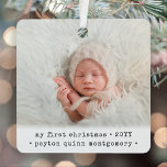 2 Photo Baby's 1st Christmas Modern Minimal Square Metal Ornament<br><div class="desc">Celebrate the simple joys of your newest family member with a stylish two photo square metal ornament. Gender neutral design is suitable for a new baby boy or girl. Wording and pictures on this template are simple to personalize, and can be different or the same on front and back. (IMAGE...</div>