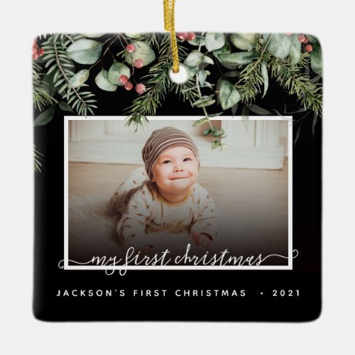 2 Photo Babys First Christmas Winter Greenery  Ceramic Ornament