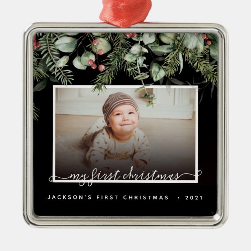 2 Photo Babys First Christmas Winter Greenery  Metal Ornament