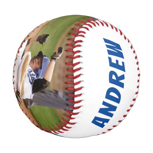 2 Photo Baseball Name Number Team Blue White - 2 Photo Baseball Name Number Team Blue White. You can make your own unique baseball with your name, player number, team name and 2 photos. In blue and white colors. Great gift idea or a keepsake for baseball players. Great as a birthday present.