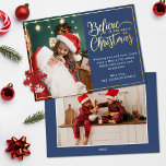 2 photo believe in the magic of Christmas blue Foil Holiday Card<br><div class="desc">Modern holiday greeting card featuring one of your favorite Christmas family portraits on the left complemented by a real gold foil frame and wording that reads "Believe in the magic of Christmas" on the right over an elegant blue background, customizable with your own greeting message. You can upload one more...</div>